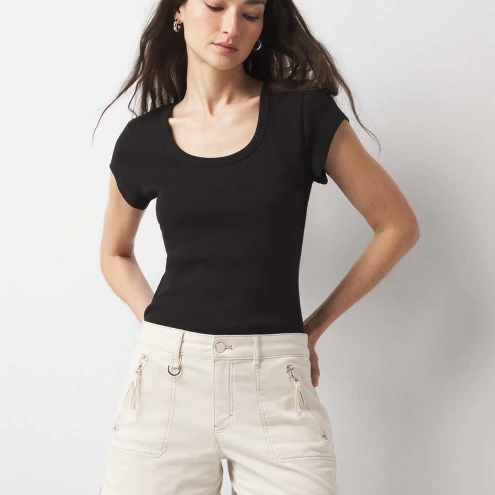 White House Black Market Black Top with Cream Cargo Shorts